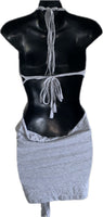 Sultry grey shredded slit weave backless halter micro mini dress reworked t shirt EZ DUZIT 