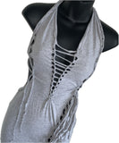 Sultry grey shredded slit weave backless halter micro mini dress reworked t shirt EZ DUZIT 