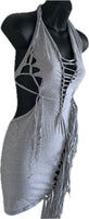 Sultry grey shredded slit weave backless halter micro mini dress reworked t shirt EZ DUZIT 