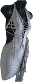 Sultry grey shredded slit weave backless halter micro mini dress reworked t shirt EZ DUZIT 