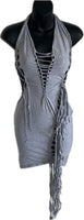 Sultry grey shredded slit weave backless halter micro mini dress reworked t shirt EZ DUZIT 