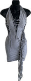 Sultry grey shredded slit weave backless halter micro mini dress reworked t shirt EZ DUZIT 
