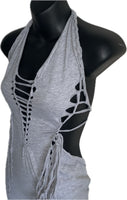 Sultry grey shredded slit weave backless halter micro mini dress reworked t shirt EZ DUZIT 