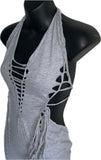 Sultry grey shredded slit weave backless halter micro mini dress reworked t shirt EZ DUZIT 