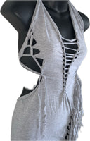 Sultry grey shredded slit weave backless halter micro mini dress reworked t shirt EZ DUZIT 