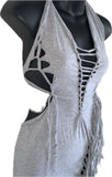 Sultry grey shredded slit weave backless halter micro mini dress reworked t shirt EZ DUZIT 