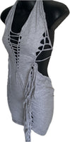 Sultry grey shredded slit weave backless halter micro mini dress reworked t shirt EZ DUZIT 