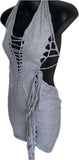 Sultry grey shredded slit weave backless halter micro mini dress reworked t shirt EZ DUZIT 