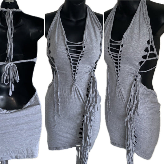 Sultry grey shredded slit weave backless halter micro mini dress reworked t shirt EZ DUZIT 