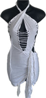 Think white sultry shredded slit weave backless Fringe halter micro mini dress reworked t shirt EZ DUZIT 