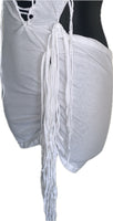 Think white sultry shredded slit weave backless Fringe halter micro mini dress reworked t shirt EZ DUZIT 