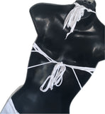 Think white sultry shredded slit weave backless Fringe halter micro mini dress reworked t shirt EZ DUZIT 