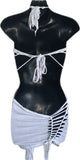 Think white sultry shredded slit weave backless Fringe halter micro mini dress reworked t shirt EZ DUZIT 