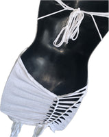 Think white sultry shredded slit weave backless Fringe halter micro mini dress reworked t shirt EZ DUZIT 