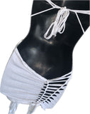 Think white sultry shredded slit weave backless Fringe halter micro mini dress reworked t shirt EZ DUZIT 