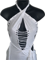 Think white sultry shredded slit weave backless Fringe halter micro mini dress reworked t shirt EZ DUZIT 