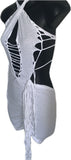Think white sultry shredded slit weave backless Fringe halter micro mini dress reworked t shirt EZ DUZIT 