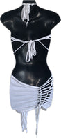 Think white sultry shredded slit weave backless Fringe halter micro mini dress reworked t shirt EZ DUZIT 