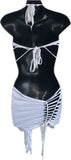 Think white sultry shredded slit weave backless Fringe halter micro mini dress reworked t shirt EZ DUZIT 