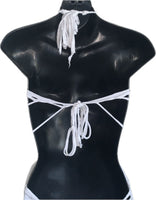 Think white sultry shredded slit weave backless Fringe halter micro mini dress reworked t shirt EZ DUZIT 