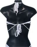 Think white sultry shredded slit weave backless Fringe halter micro mini dress reworked t shirt EZ DUZIT 