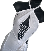 Think white sultry shredded slit weave backless Fringe halter micro mini dress reworked t shirt EZ DUZIT 