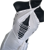 Think white sultry shredded slit weave backless Fringe halter micro mini dress reworked t shirt EZ DUZIT 