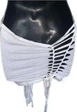 Think white sultry shredded slit weave backless Fringe halter micro mini dress reworked t shirt EZ DUZIT 