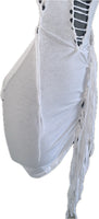 Think white sultry shredded slit weave backless Fringe halter micro mini dress reworked t shirt EZ DUZIT 