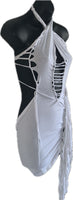 Think white sultry shredded slit weave backless Fringe halter micro mini dress reworked t shirt EZ DUZIT 