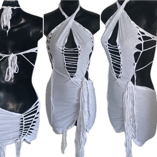 Think white sultry shredded slit weave backless Fringe halter micro mini dress reworked t shirt EZ DUZIT 