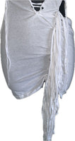 Think white sultry shredded slit weave backless Fringe halter micro mini dress reworked t shirt EZ DUZIT 