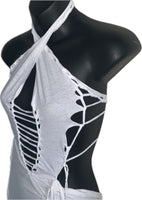 Think white sultry shredded slit weave backless Fringe halter micro mini dress reworked t shirt EZ DUZIT 