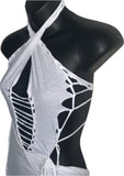 Think white sultry shredded slit weave backless Fringe halter micro mini dress reworked t shirt EZ DUZIT 