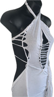 Think white sultry shredded slit weave backless Fringe halter micro mini dress reworked t shirt EZ DUZIT 