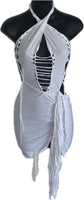 Think white sultry shredded slit weave backless Fringe halter micro mini dress reworked t shirt EZ DUZIT 